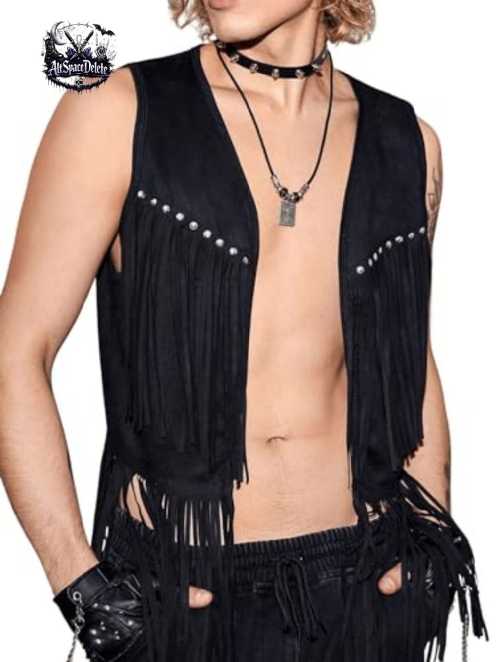 Men's Sleeveless V Neck Studded Fringe Open Front Vest
